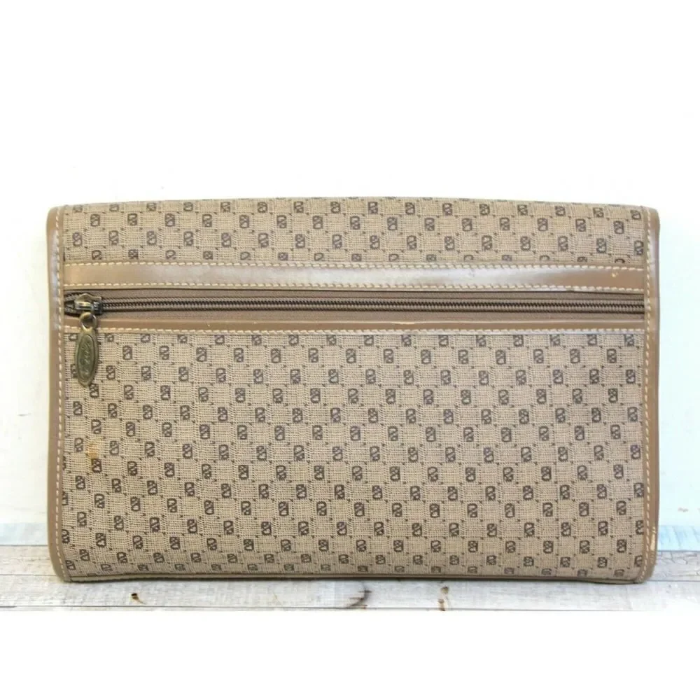 VINTAGE LUIS BEIGE BROWN LOGO PVC GENUINE LEATHER CLUTCH PURSE WALLET ENVELOPE